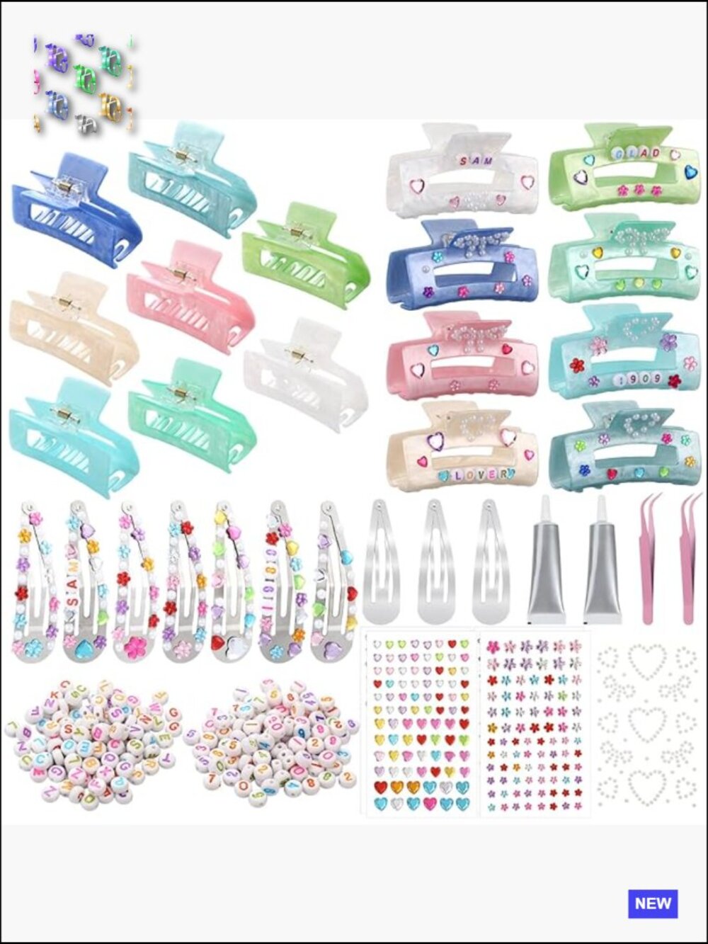 DIY Hair Claw Clips Kit Acrylic Charm Bead Sticker Set for Sleepover Party